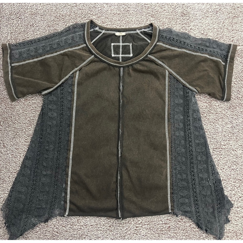 POL Top L Washed Black Brown Crochet Lace Sharkbite Hem Boho Lagenlook